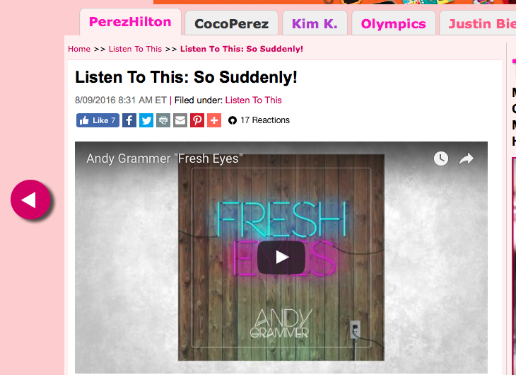 Andy Grammer's "Fresh Eyes" on Perez Hilton ! - Trendsetter Marketing